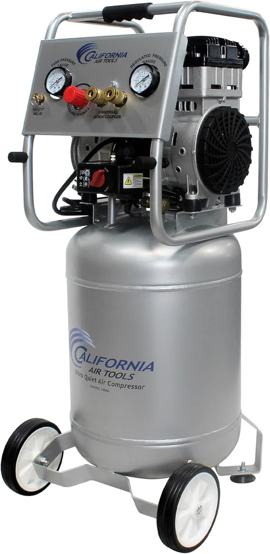 California Air Tools 10020C-22060 2.0 HP Ultra Quiet and Oil-Free Air Compressor, 10 Gallon Steel Tank with Wheels, 70 dBA Noise Level, 220 Volt