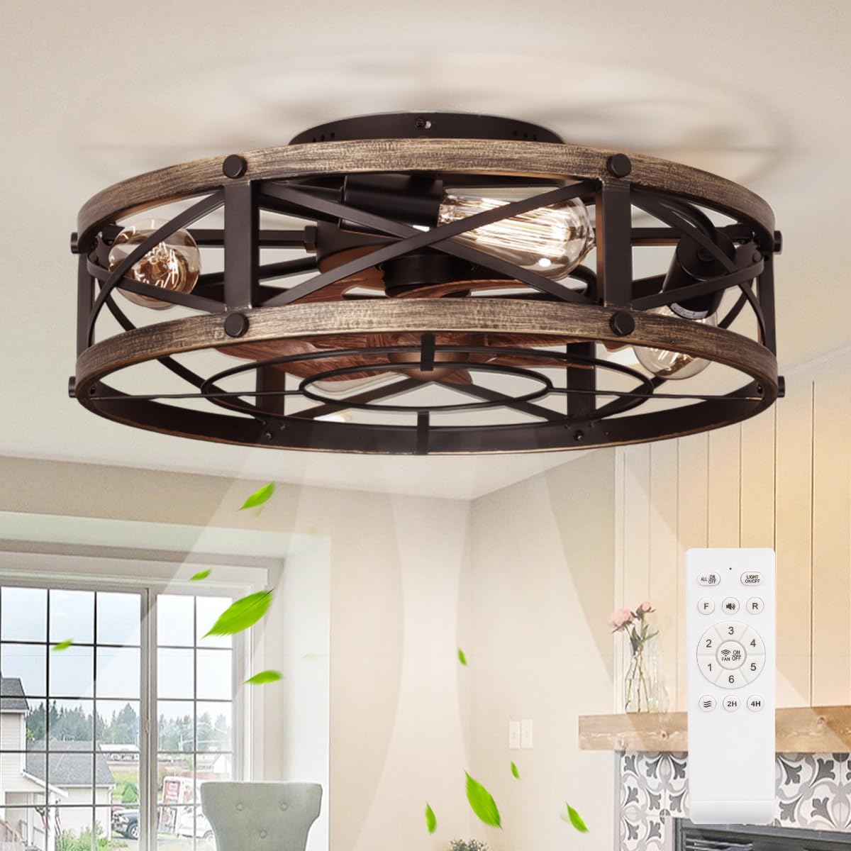 SHLUCE 19" Farmhouse Flush Mount Caged Ceiling Fans with Lights, 6 Speeds, Rustic Low Profile Ceiling Fan with Light and Remote, Small Bladeless Ceiling Fans with Lights for Kitchen, Bedroom - ETL
