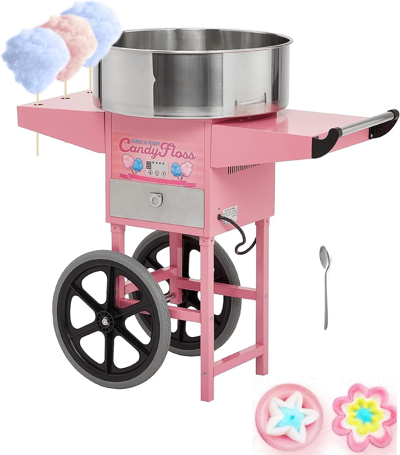 Electric Candy Cotton Machine With 20 in Stainless Steel Bowl,Cotton- Candy Maker Machine for Kids With Cart,Nostalgia Candy Cart Commercial For Party, Home,Festival,Amusement Park,Carnival,Pinks