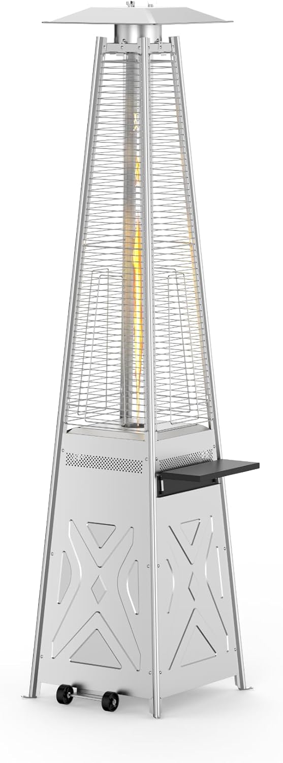 48,000 BTU Pyramid Patio Heater, Stainless Steel Outdoor Heater with 15-Foot Heat Diameter, Pulse Ignition & Triple Safety System, Includes 2 Wheels & 4 Ground Spikes for Deck, Garden, Cafe