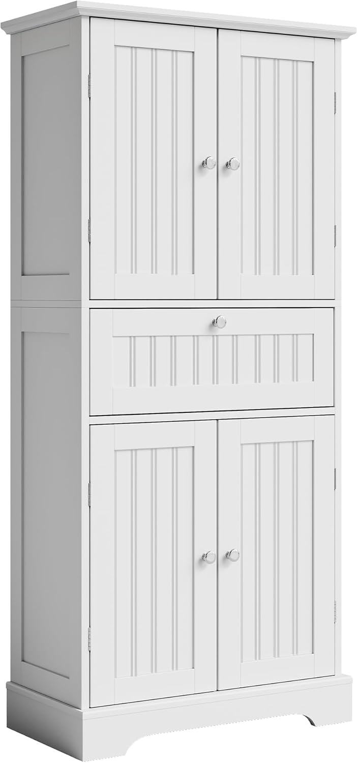 ChooChoo 51" H Tall Bathroom Floor Cabinet, Modern Bathroom Storage Cabinet with Drawer and Adjustable Shelves, Freestanding Kitchen Pantry Cupboard with 4 Doors for Living Room, White