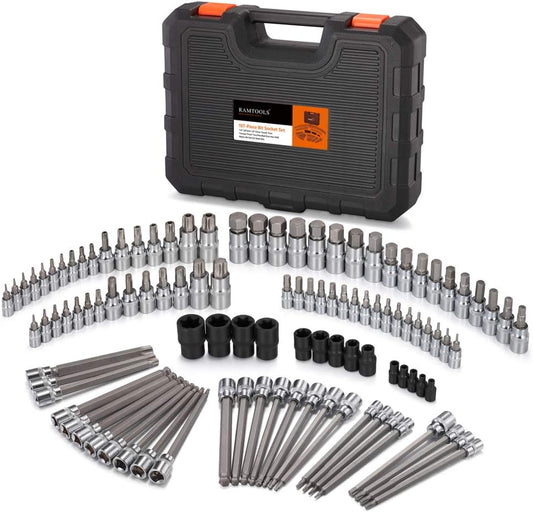 107-Piece Allen and Torx Bit Socket Set, 1/4", 3/8" and 1/2" Drive Hex/Ball End Hex/Extra Long Tamper Proof Torx SAE & Metric Bit Set