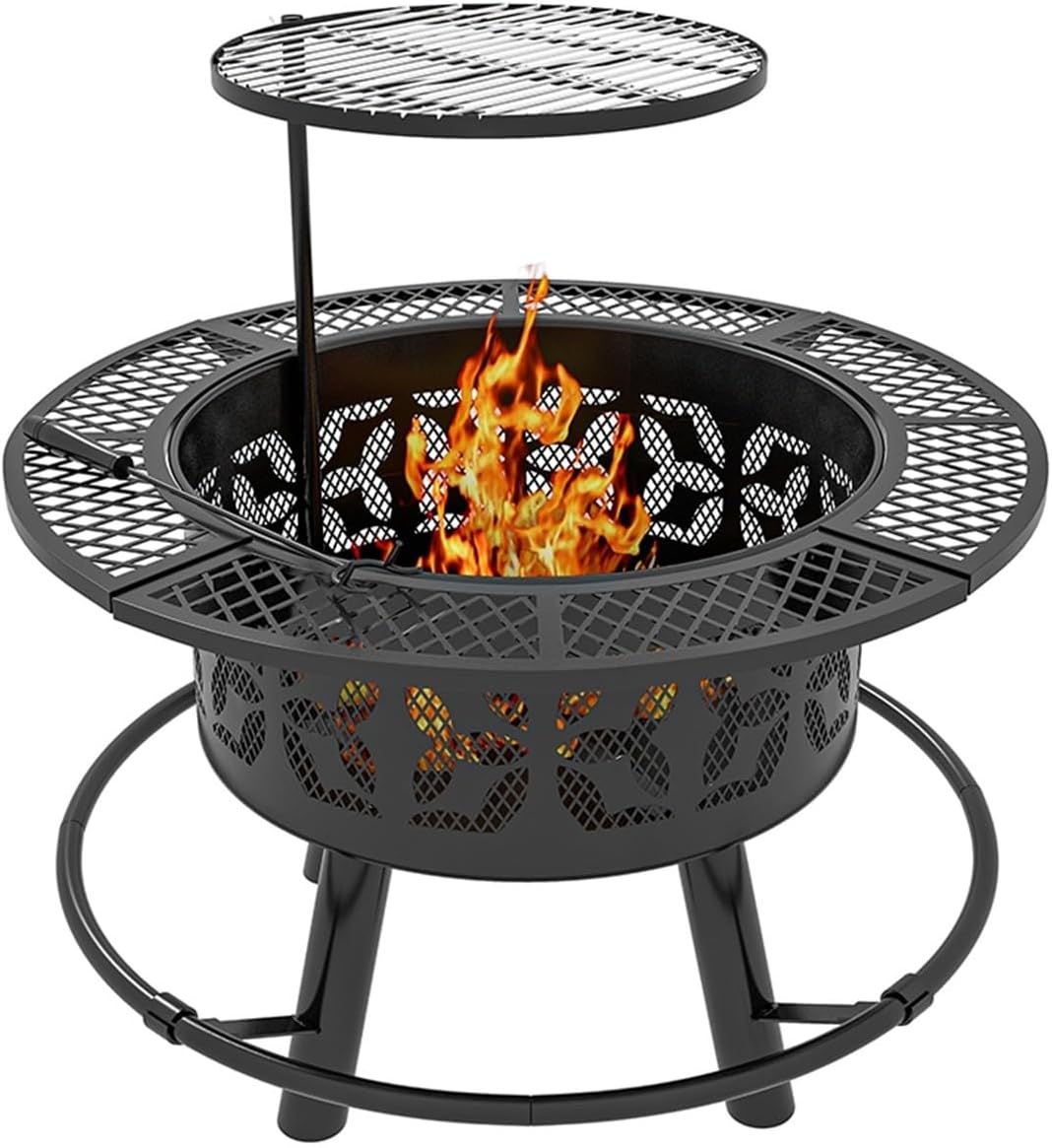 42 Inch 3-in-1 Fire Pit with 2 Grills, Extra Large Wood Burning Fire Pit with Adjustable BBQ Grill & Metal Table Top, Outdoor Fireplace for Patio, Garden, and Backyard Parties, Black