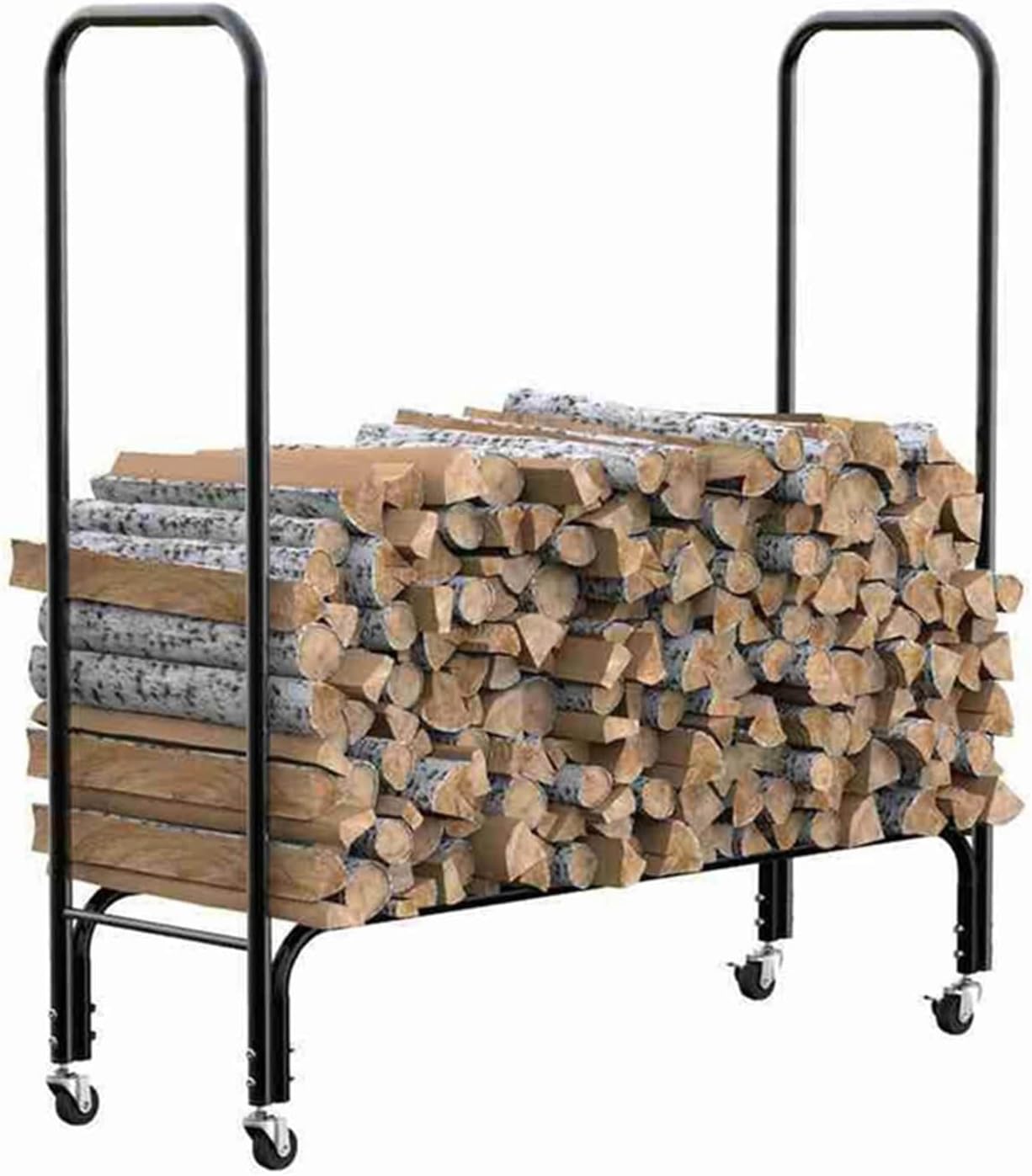 Weatherproof Firewood Log Rack with Wheels - Metal Wood Storage Holder for Indoor/Outdoor Fireplace - Portable Lumber Carrier Organizer for Easy Wood Pile Stacking