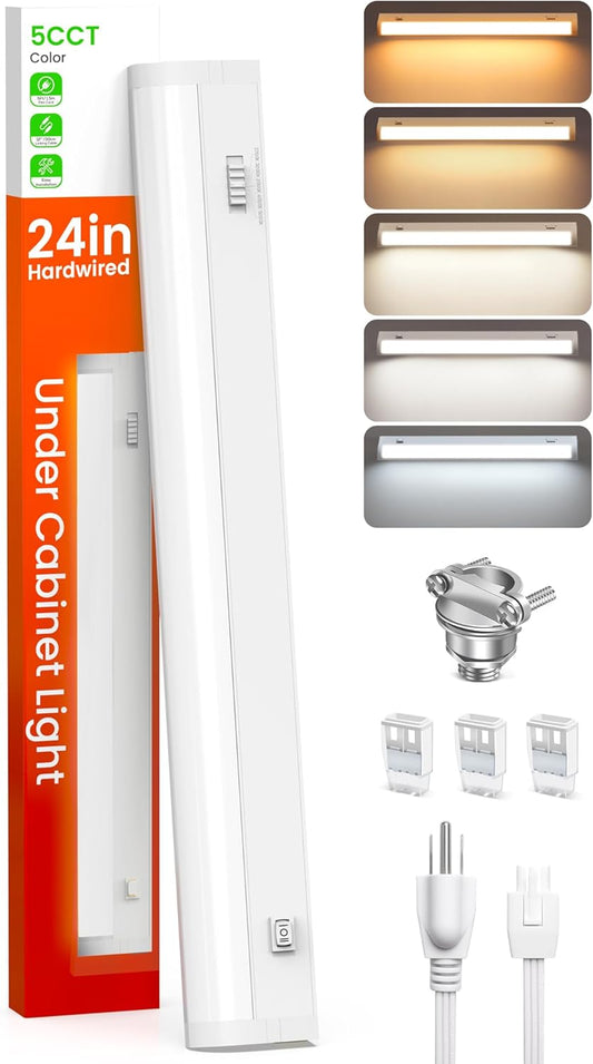 ALUSSO LIGHTING® 24 Inch LED Under Cabinet Lighting Hardwired Plug in, 5CCT Color Selectable 2700K-5000K Dimmable 15W 1350LM High Brightness, Linkable Strip Under Counter Lights for Kitchen, UL Listed