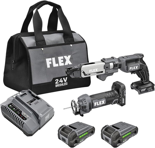 FLEX 24V Brushless Cordless 2-Tool Combo Kit: Drywall Screw Gun with Magazine and Cut Out Tool with (2) 2.5Ah Lithium Batteries and 160W Fast Charger - FXM203-2A
