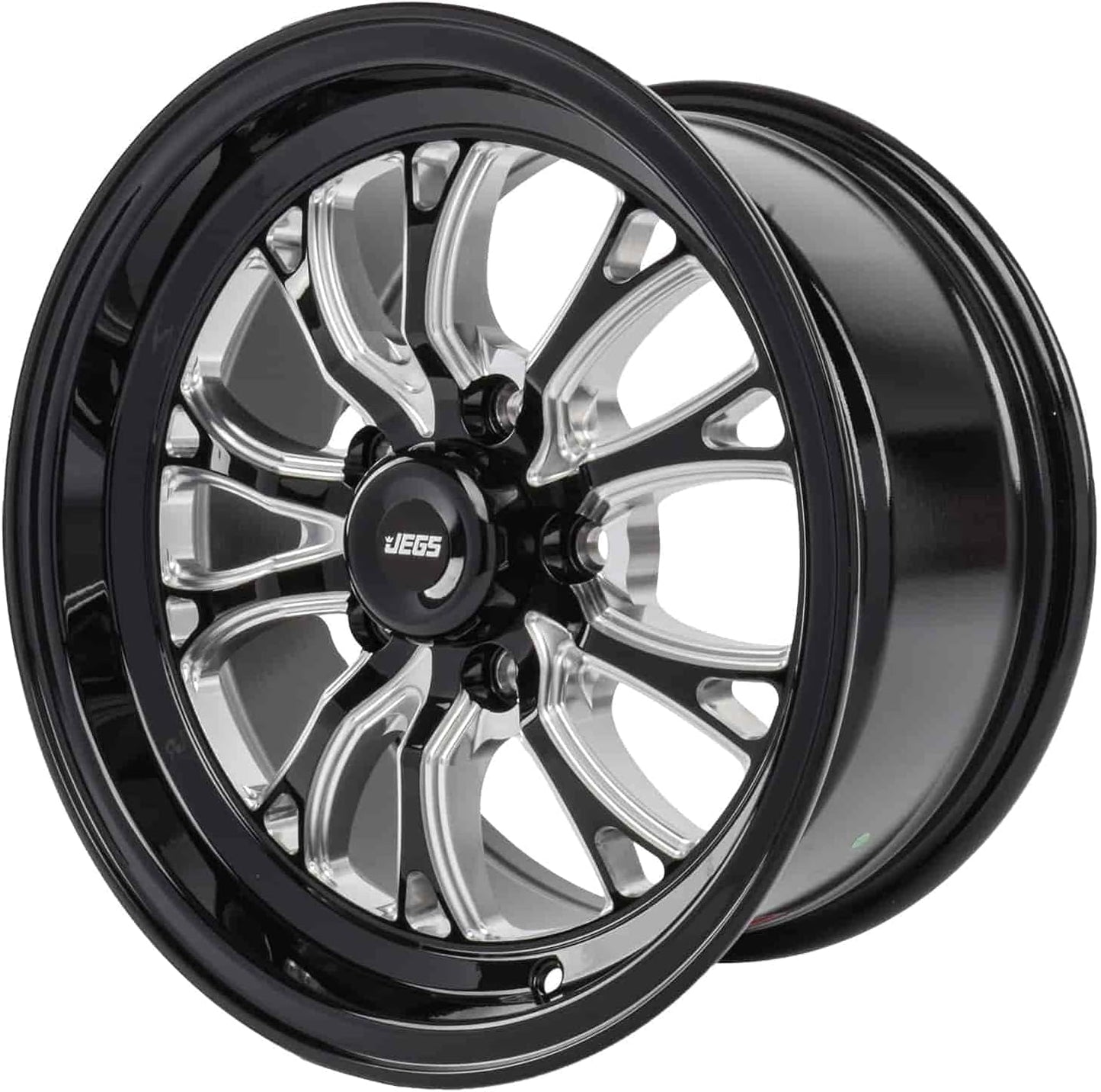 JEGS SSR Spike Wheel 15 x 8 | 5 x 4.75” Wheel Bolt Pattern Spacing | +27mm Offset | 5.5” Backspacing | Gloss Black with Milled Spoke Accents | 3.27” Center Bore