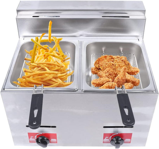 Commercial LPG Gas Deep Fryer with 6.35QT*2 Basket and Lid, Stainless Steel Countertop LPG Propane Oil Frying Pot Kitchen Frying Machine Snack Fryer for French Fries Turkey Restaurant