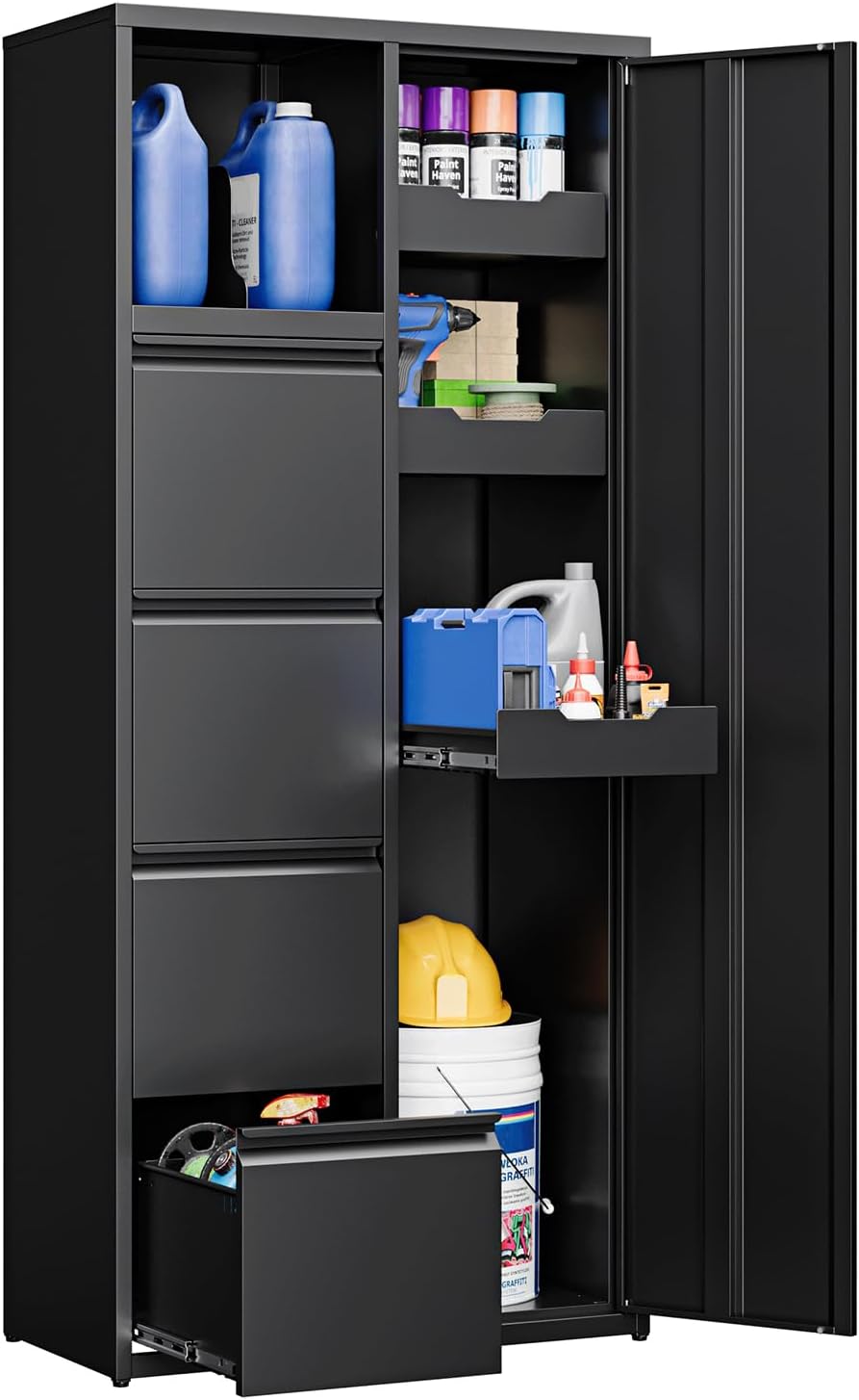 Yizosh Metal Garage Storage Cabinet with 4 Drawers, 71" Heavy Duty Tool Cabinet with Door,Tall Steel Storage Cabinet,Utility Tool Cabinet for Garage,Warehouse,Workshop