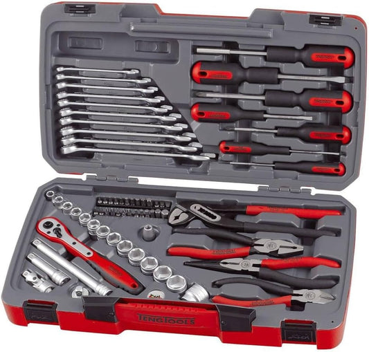 Teng Tools 67 Piece 3/8 Inch Drive 6 Point Metric Regular/Shallow Socket & Tool Set - T3867, Silver
