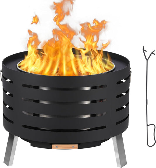 26" Smokeless Fire Pit with Ash Pan & Lid - 304 Stainless Steel Wood Burning Firepit Table, Portable Outdoor Fireplace for BBQ\/Bonfire\/Camping, Includes Fire Poker & Waterproof Bag