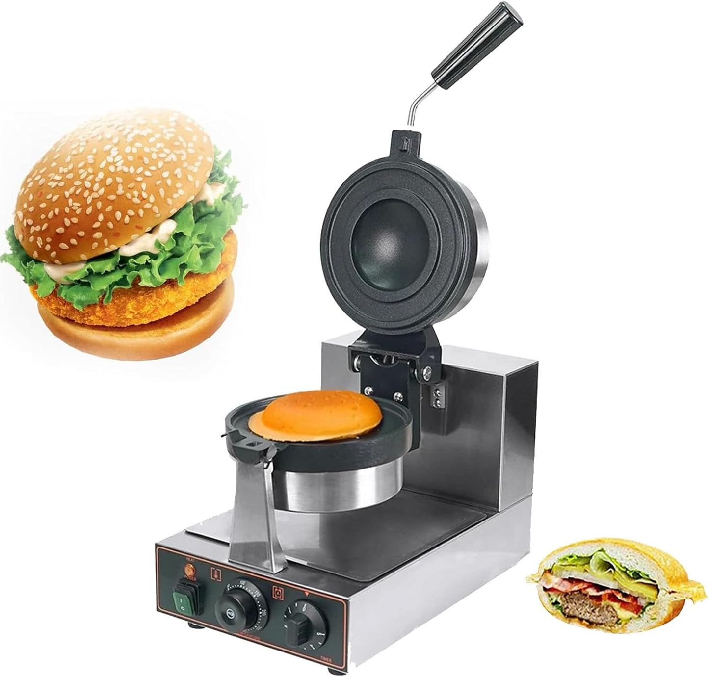Electric Burger Waffle Maker Machine, Non Stick Panini Hamburger Press Machine Stainless Steel Ice Cream Burger Baker, 1300W Home Use,Restaurant,Snack