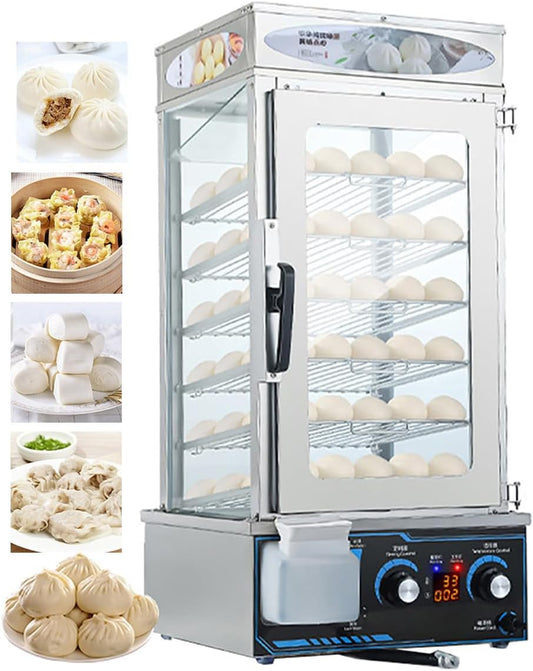 6-Layer Commercial Electric Steamer, 2200W Electric Steamed Bun Machine, 30-110℃ Temperature Range, Anti-Dry Burning, Food Steamer Warmer for Store Buffet Restaurant