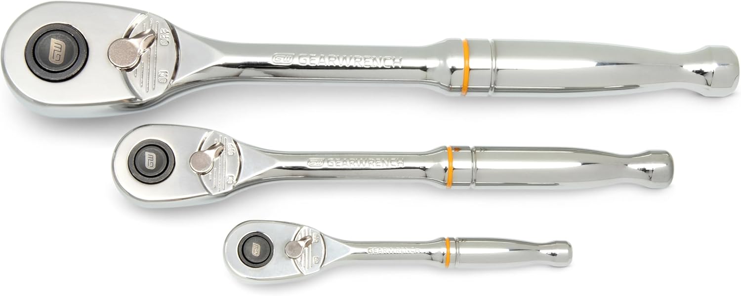 GEARWRENCH 3 Piece 1\/4", 3\/8\u201D and 1\/2" Drive 90-Tooth Quick Release Teardrop Ratchet Set | 81310T
