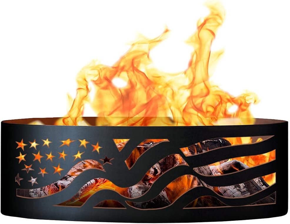 PD Metals AF01248 American Flag Unpainted 12 in. Tall 48 in. Diameter Outdoor Fire Ring - 48 x 48 x 12 in. - Rustic Black Color