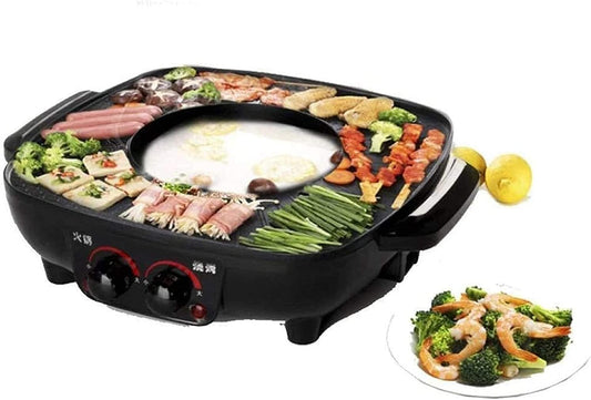 Electric BBQ Grill Indoor Electric Grill Square Black Dual Control Soup Roast Smoke Free Non-Stick Pan Electric Baking Pan Household Barbecue Dish Electric Hot Pot 1500W [Energy Class A],Port