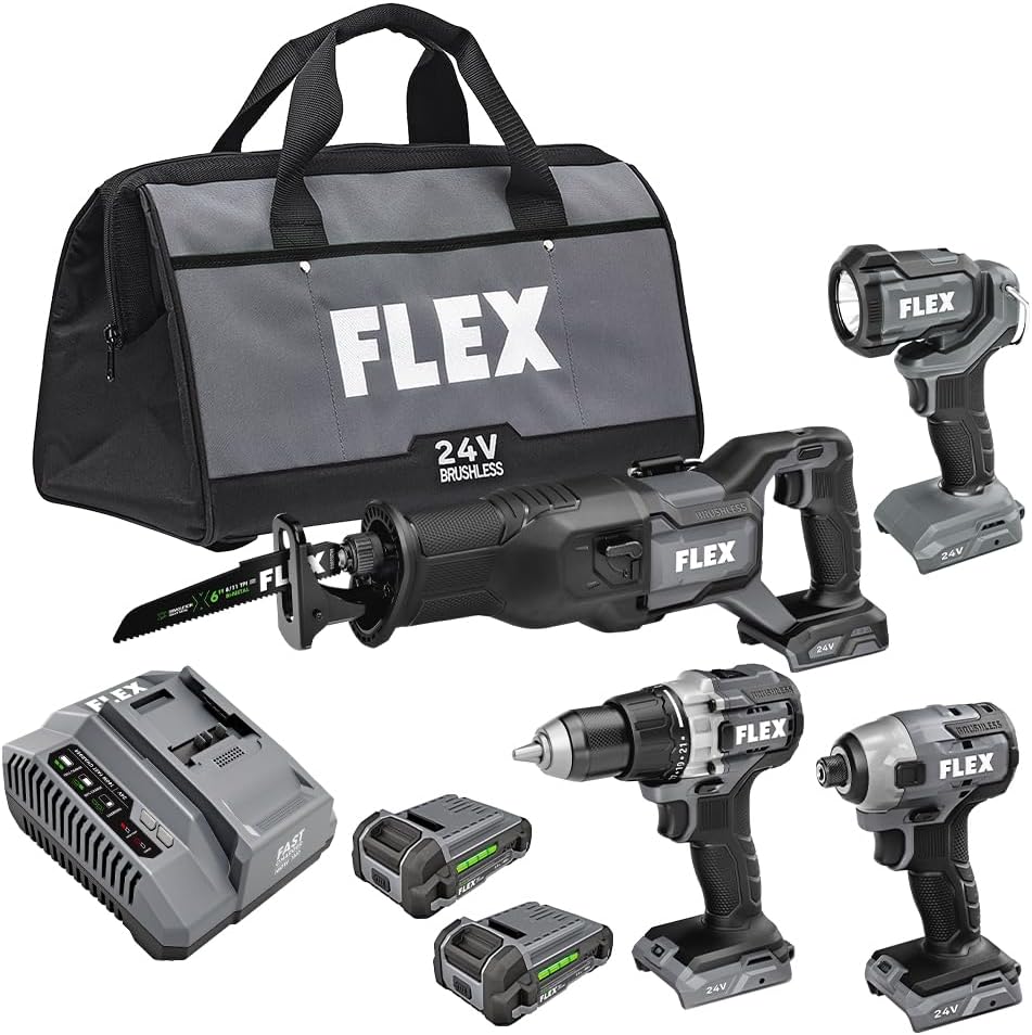 FLEX 24V Brushless Cordless 4-Tool Combo Kit: Drill Driver, Impact Driver, Reciprocating Saw, Work Light with (2) 2.5 Ah Lithium Batteries and 160W Fast Charger - FXM401-2A