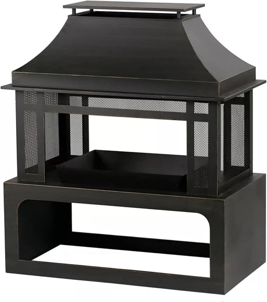 40" Outdoor Fireplace with Chimney, Tall Wood Burning Fire Pit for Patio, Heavy-Duty Steel Chiminea Fireplace with Spark Screen and Log Rack for Backyard Garden