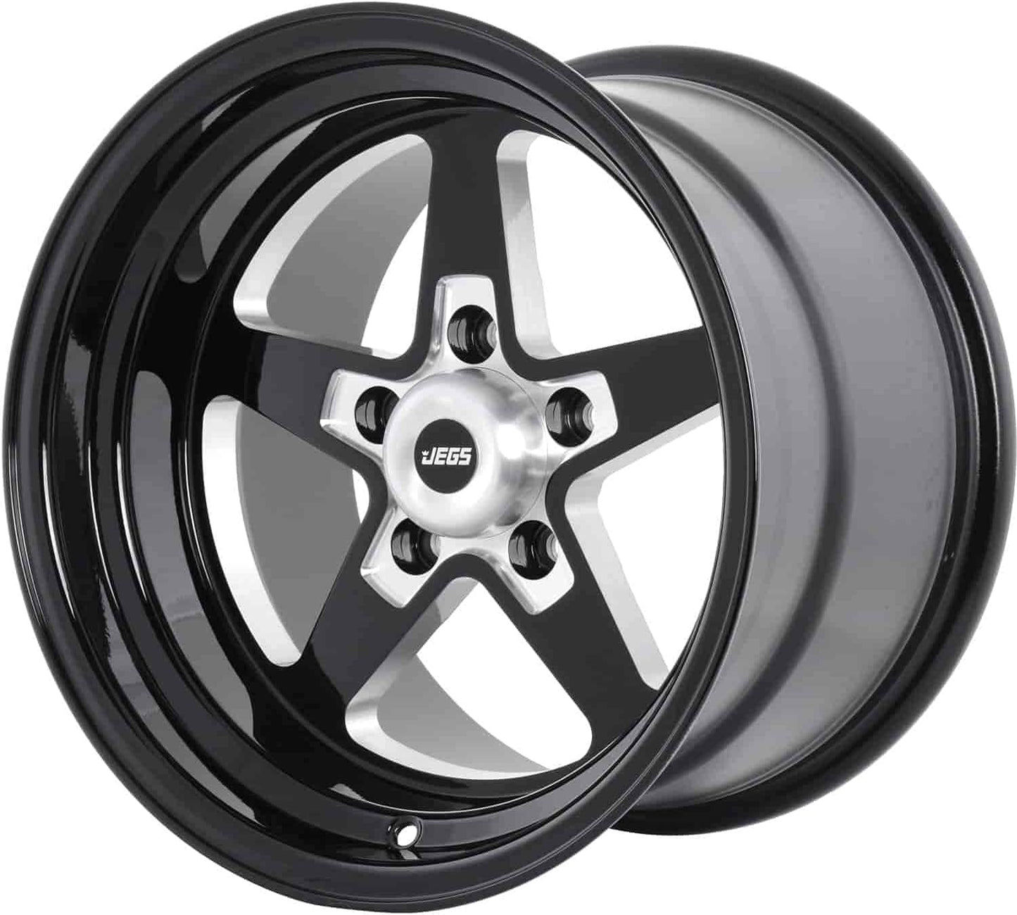 JEGS SSR Star Aluminum Wheel 15” x 10” | 5 x 4.5” Wheel Bolt Pattern Spacing | 0 mm Offset | 5.5” Backspacing | Gloss Black Powder Coat | 3.27” Center Bore | Includes Center Cap