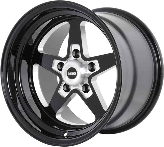 JEGS SSR Star Aluminum Wheel 15” x 10” | 5 x 4.5” Wheel Bolt Pattern Spacing | 0 mm Offset | 5.5” Backspacing | Gloss Black Powder Coat | 3.27” Center Bore | Includes Center Cap