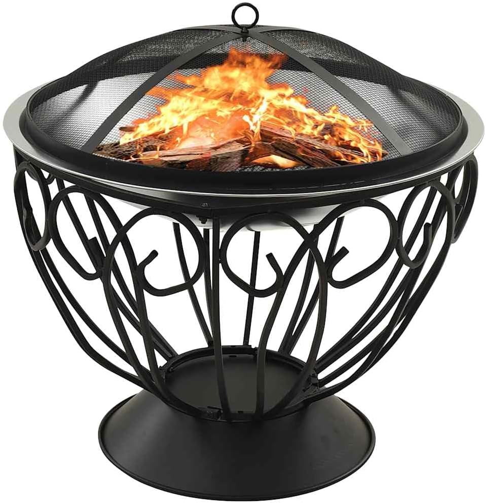 2-in-1 Fire Pit and BBQ with Poker Portable Stainless Steel Fire Pit with Cooking Grid and Mesh Cover for Outdoor Heating and Barbecue 23.2"x23.2"x23.6" Stainless Steel