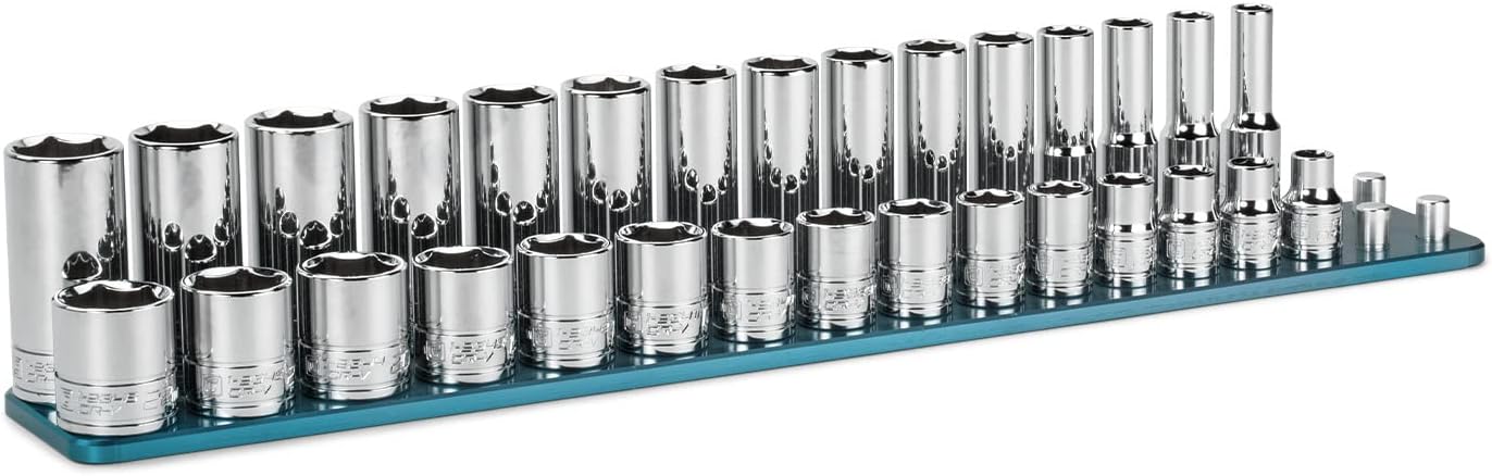 Capri Tools 3\/8 in. Drive Master Chrome Socket Set, 6-Point, 8 to 22 mm, Shallow and Deep with Billet Aluminum Rail