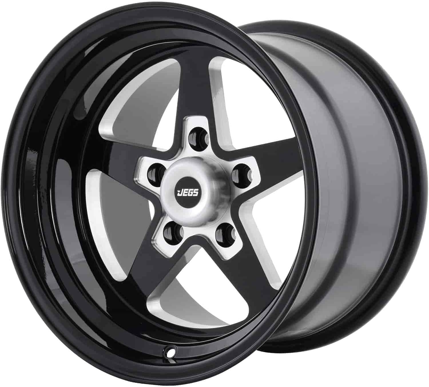JEGS SSR Star Aluminum Wheel 15” x 10” | 5 x 4.75” Wheel Bolt Pattern Spacing | 0 mm Offset | 5.5” Backspacing | Gloss Black Powder Coat | 3.27” Center Bore | Includes Center Cap