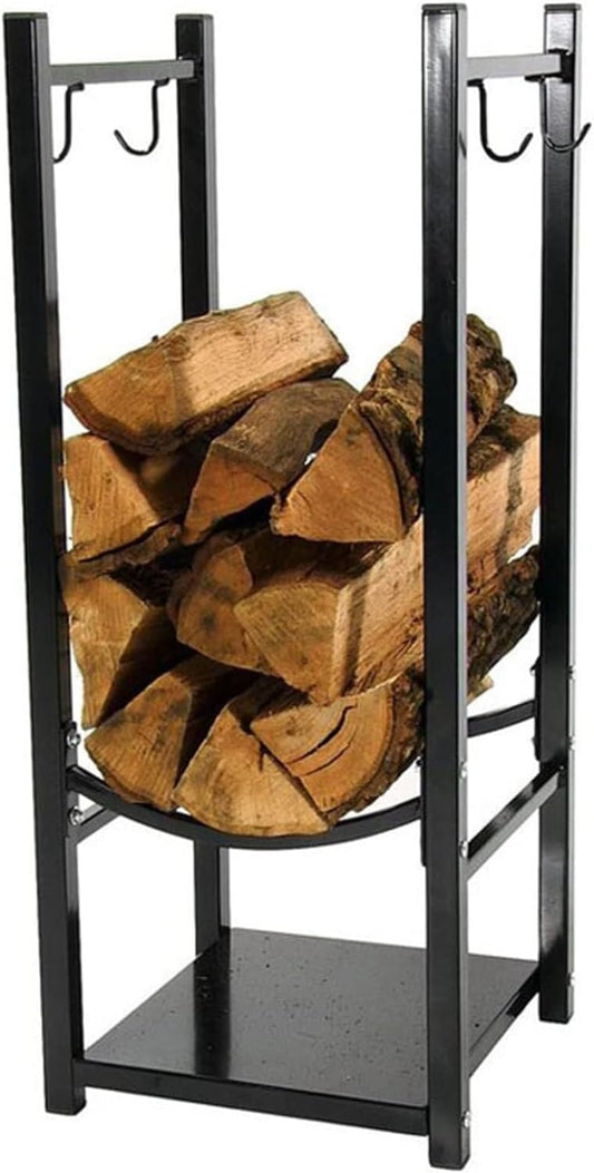 Firewood Log Rack with 4 Hooks, Heavy Duty Cast Iron Log Storage Rack for Backyard Deck/Family Room