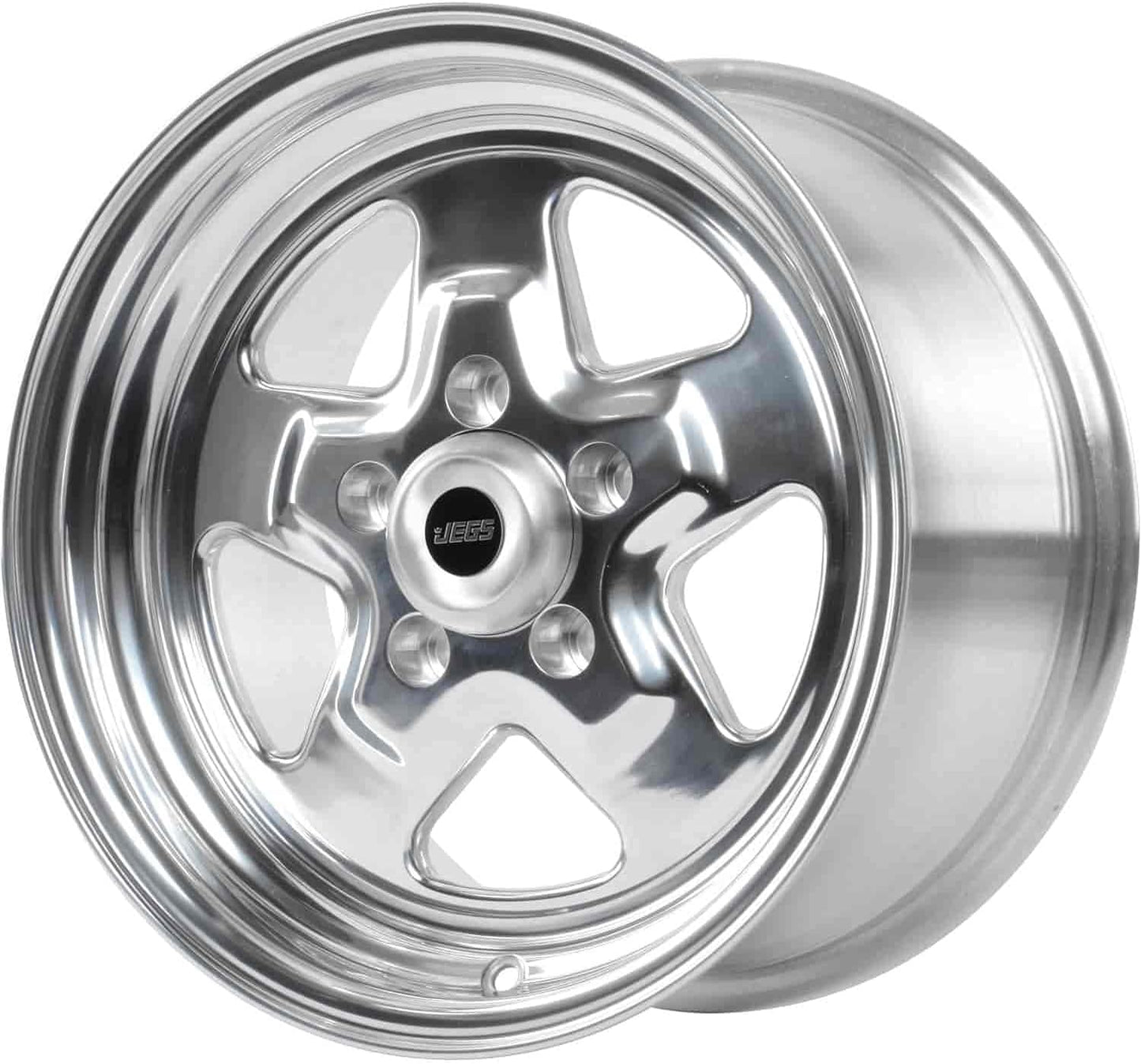 JEGS Sport Star Aluminum Wheel 15” x 8” | 5 x 4.5” Wheel Bolt Pattern Spacing | 25 mm Offset | 5.5” Backspacing | Polished Finish | 3.27” Center Bore | Includes Center Cap