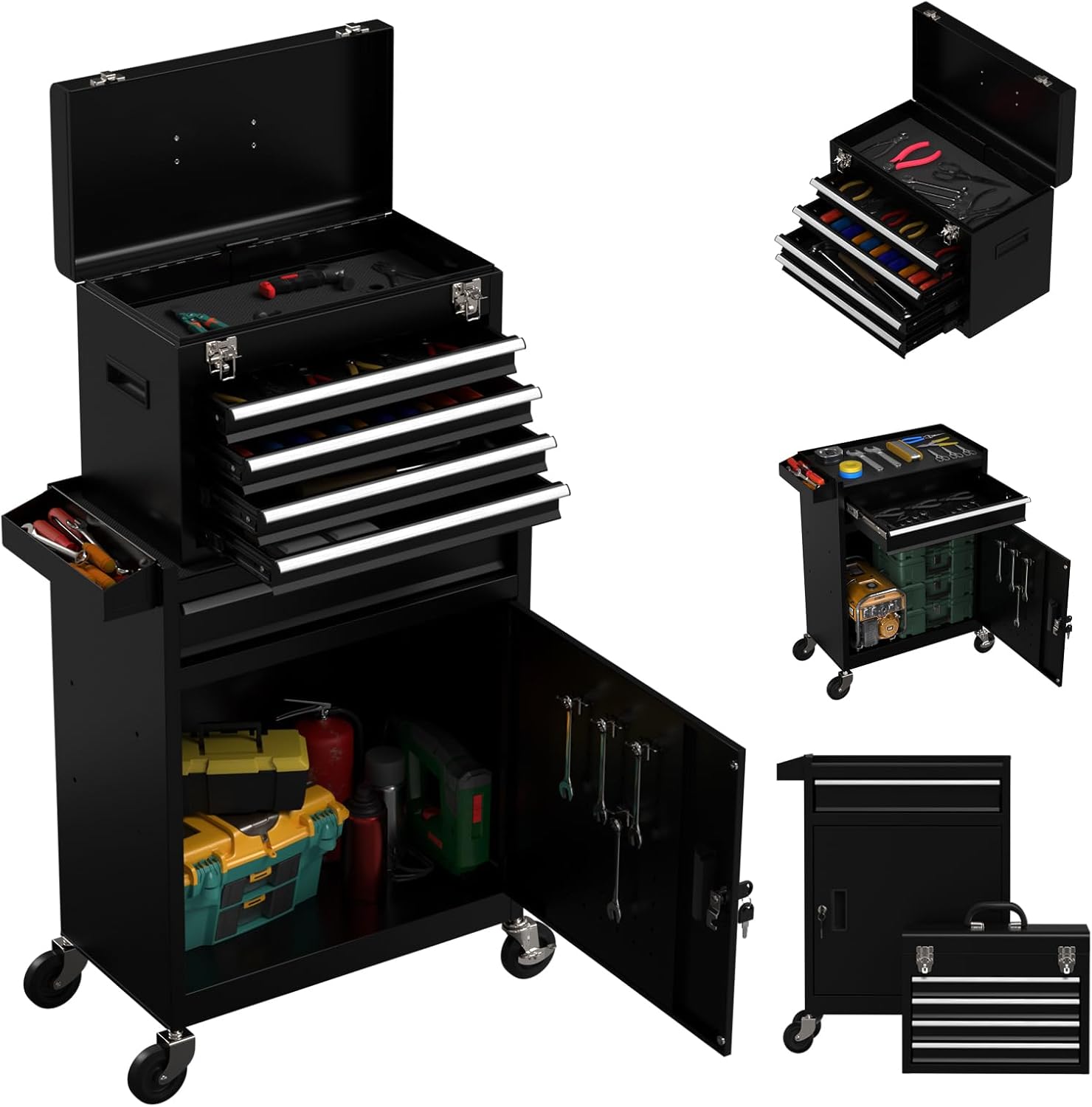 DUSACOM 5 Drawer Rolling Tool Chest with Drawers-Lockable Metal Toolbox on Wheels-Detachable Top Tool Storage & Rolling Tool Cart for Garage Workshop,Repair Room(Black)