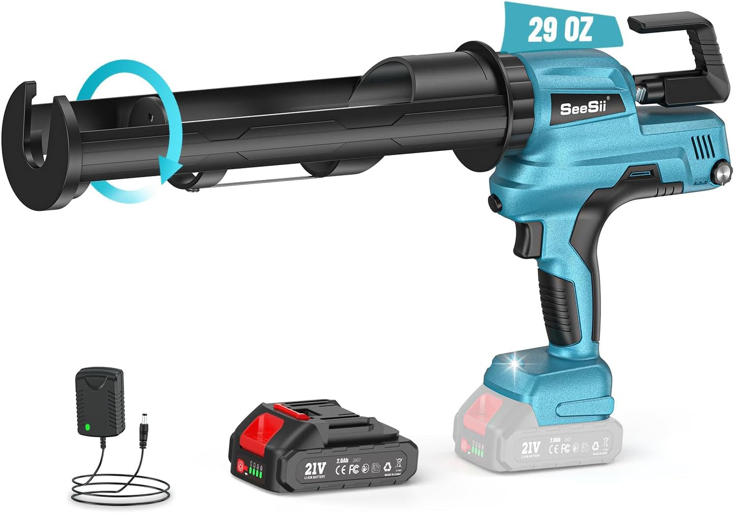 SEESII Electric Caulking Gun 29oz, Cordless Caulk Gun with a 2000mAh Battery, Stepless Speed, Anti-Drip, Led Light, Battery Powered Caulking Gun for Filling, Sealing (Sky Blue)