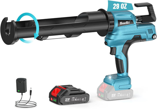 SEESII Electric Caulking Gun 29oz, Cordless Caulk Gun with a 2000mAh Battery, Stepless Speed, Anti-Drip, Led Light, Battery Powered Caulking Gun for Filling, Sealing (Sky Blue)