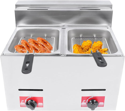 12L Commercial Propane Deep LPG Fryer Countertop Stainless Steel Gas Fryer with 2Baskets+ 2 Lids for Commercial and Household