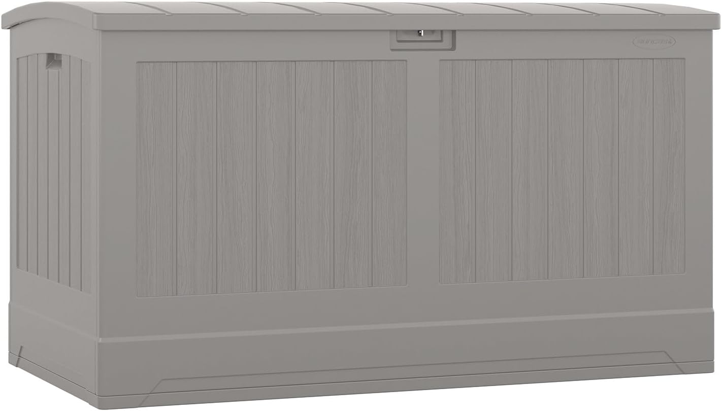 Suncast 200-gal. All-Weather Patio Deck Box, Made in the USA, with Pad-Lockable Lid, Extra-Large Outdoor Storage Unit for Patio Furniture and Grill Tools, Dove Gray Color