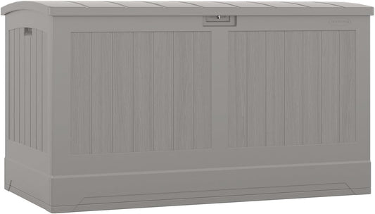 Suncast 200-gal. All-Weather Patio Deck Box, Made in the USA, with Pad-Lockable Lid, Extra-Large Outdoor Storage Unit for Patio Furniture and Grill Tools, Dove Gray Color