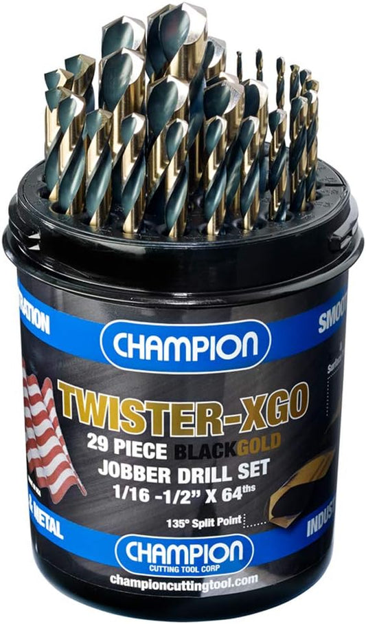 Champion Cutting Tool Corp TWISTER-XGO Champion Cutting Tool Heavy Duty Black & Gold 29Piece Jobber Drill Bit Set- Made In USA, 135° Split Pt., 1/16"-1/2"x 64Ths,