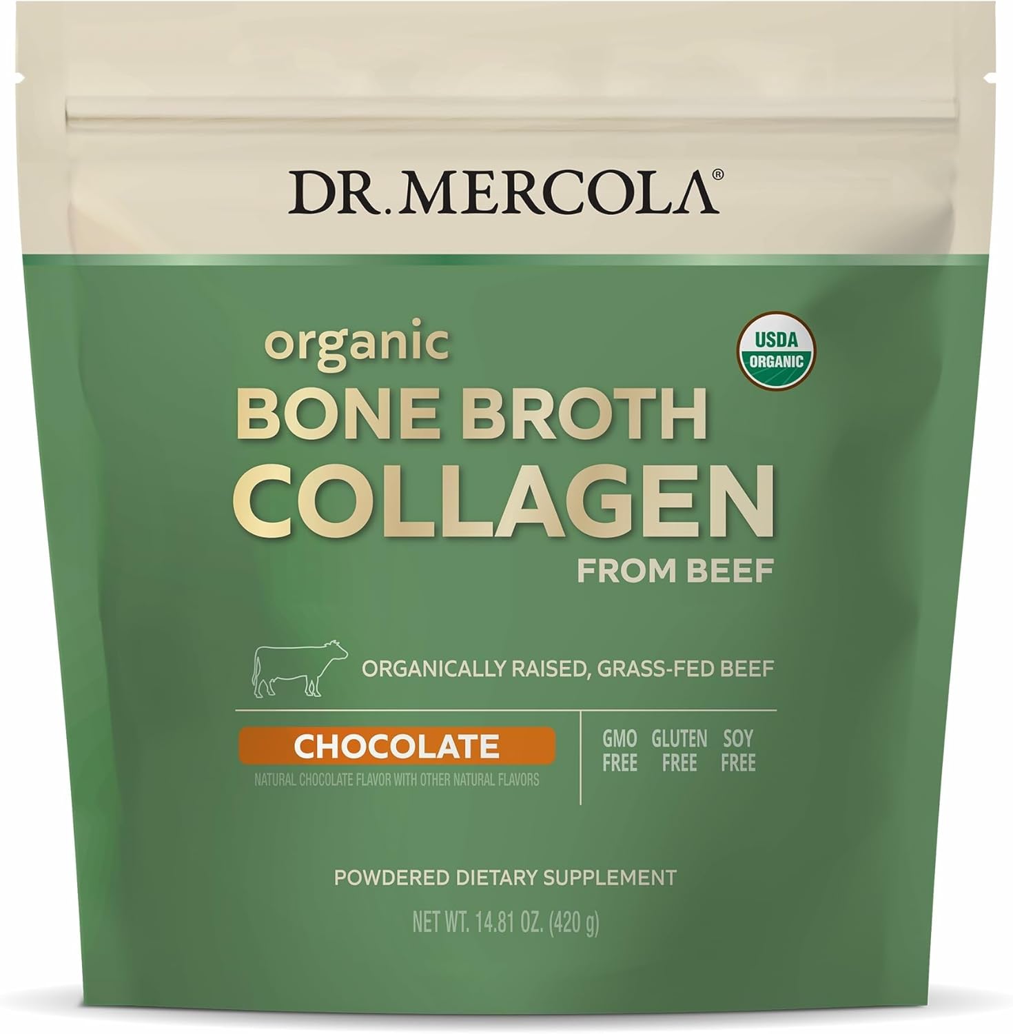Dr. Mercola Organic Bone Broth Collagen Powder - Supports Bone Health & Muscle Growth - USDA Organic, Non-GMO, Gluten-Free & Dairy-Free - 30 Servings - Chocolate Flavor