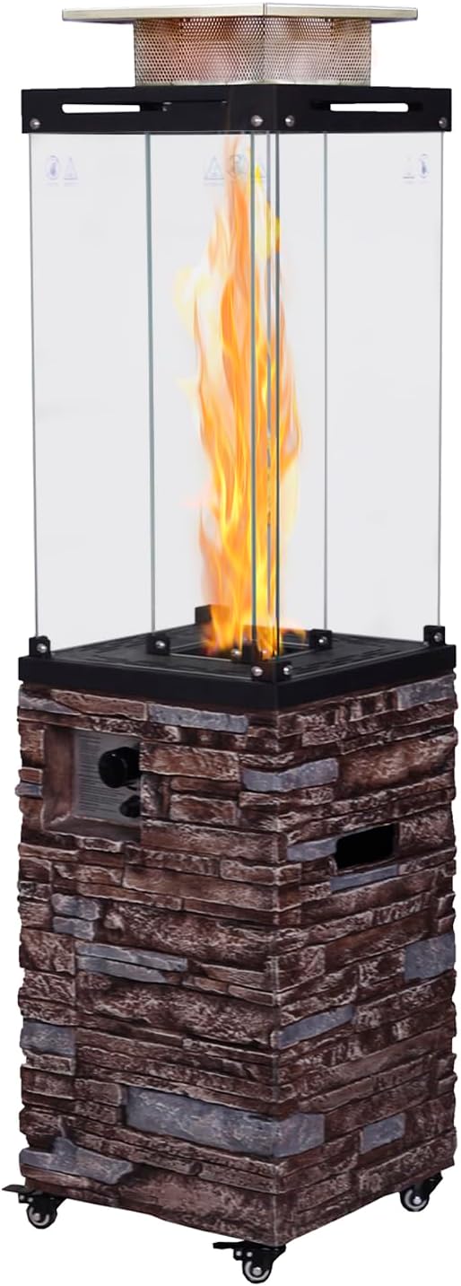 Outdoor Patio Propane Fire Heater with Weather Cover Glass 41000 BTU Fireplace Patented & CSA Certificated, Stackstone Brown