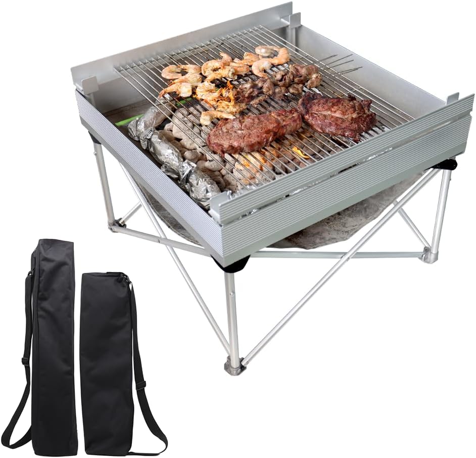 Portable Pop-Up Fire Pit & BBQ Grill | Lightweight, Compact Design | Large Grilling Surface | Easy Setup & Travel-Friendly for Camping & Outdoor Adventures