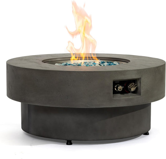 34 Inch Round Propane Fire Pit Table with Decorative Glass Rocks, 50,000 BTU Outdoor Heating Solution Includes Protective Cover and Circular Burner for Patio and Garden Entertainment