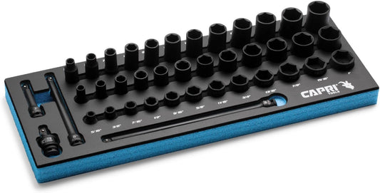 Capri Tools 3\/8 in. Drive Master Shallow, Semi-Deep and Deep Impact Socket Set with Extensions and Universal Joint, SAE, 5\/16 to 1 in., 40-Piece with Mechanic's Tray