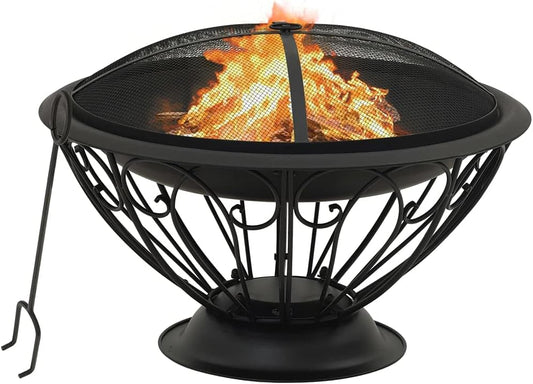 29.5" XXL Steel Fire Pit Bowl with Mesh Cover, Outdoor Wood Burning Fireplace, Patio Heater for Garden, Heavy Duty Metal Construction, Includes Poker