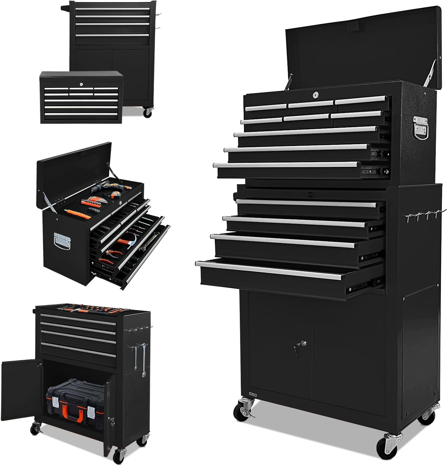 13-Drawer Tool Chest with Double Door Handle,2 in 1 Detachable Rolling Tool box with Wheels and Drawers,Large ToolBox with Lock (Black)