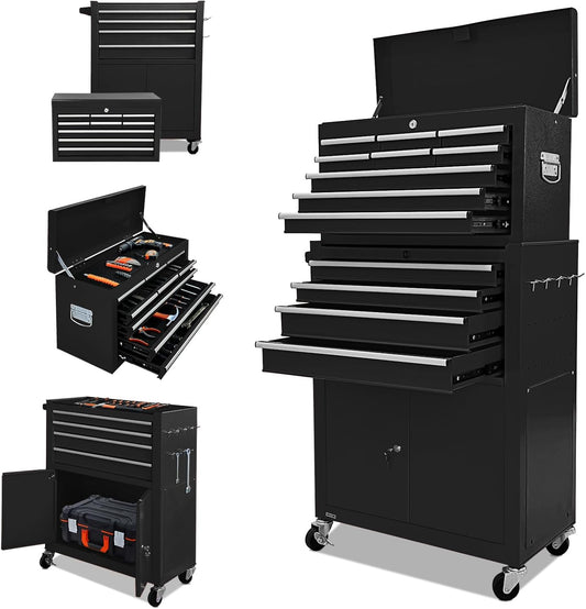 13-Drawer Tool Chest with Double Door Handle,2 in 1 Detachable Rolling Tool box with Wheels and Drawers,Large ToolBox with Lock (Black)