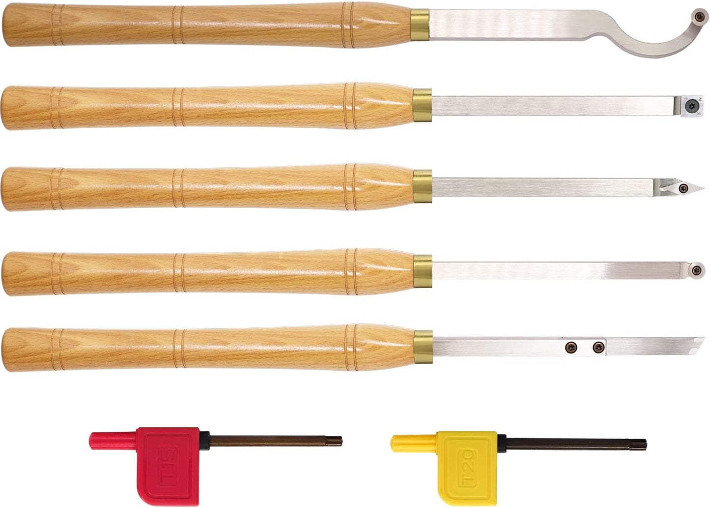 AT05 Carbide Tipped Wood Turning tools Lathe set Rougher Detailer Finisher Swan Neck Hollower Parting Tool with Solid Wood Handle and Diamond Round Square Carbide Inserts 5pcs