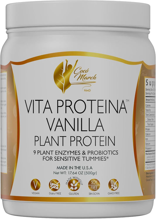 Cocó March N.M.D Vita Protein Vegan Vanilla Plant Protein, 20g Per Serving for Sensitive Tummies with Plant Enzymes and Probiotics - Free from Gluten, Soy, GMO, Dairy - 17.6 oz 500 Grams