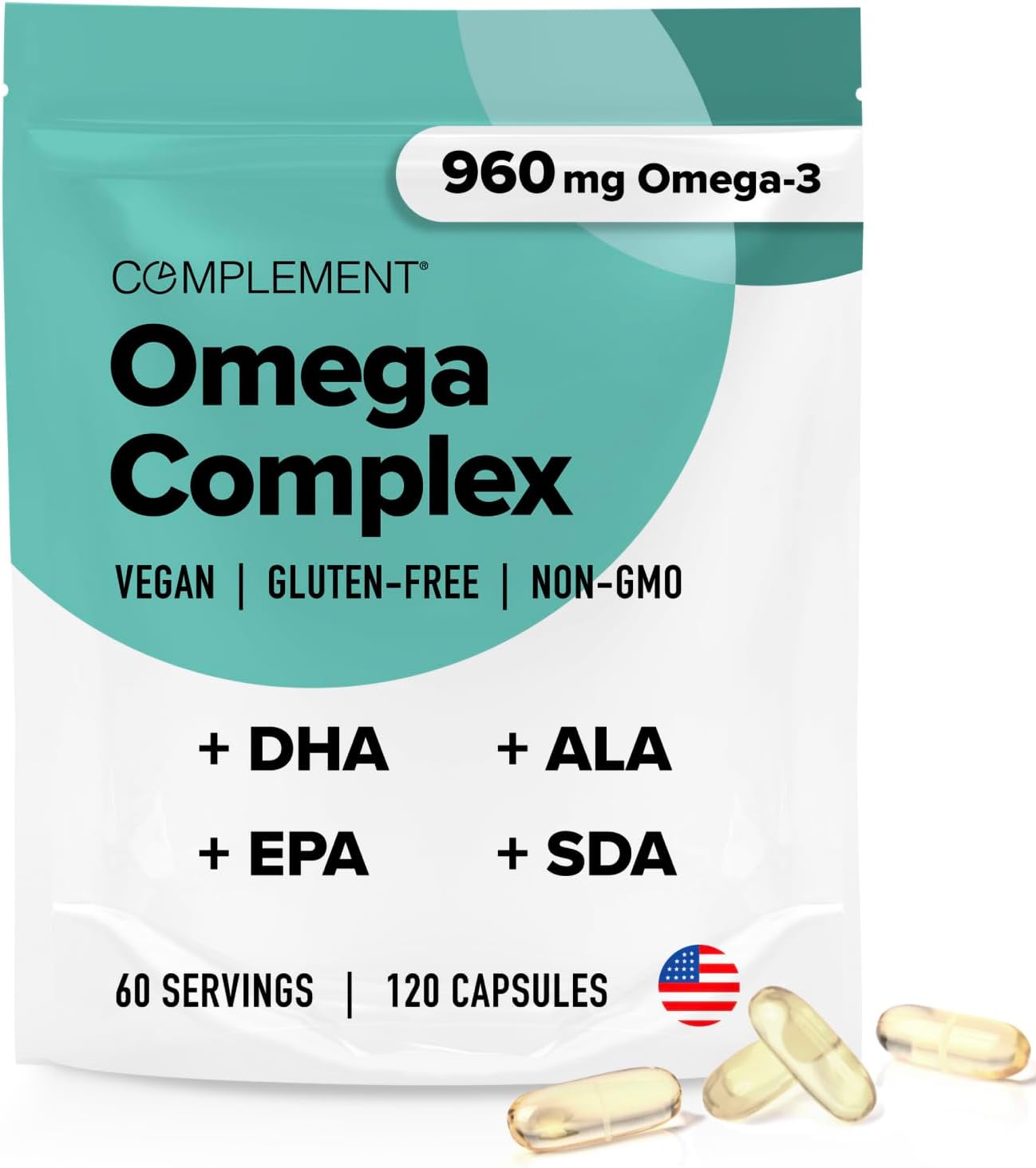 Complement Vegan Omega 3 Supplement- 960mg Omega-3 Fatty Acids, DHA, EPA, SDA, ALA Supplement - Immune Support- 60 Servings, 120 Liquid Capsules