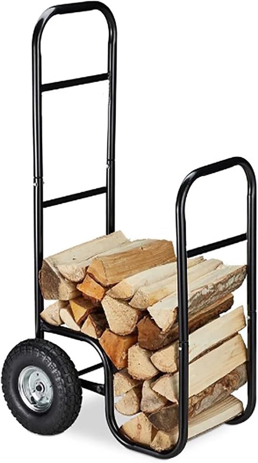 Firewood Cart with Wheels, Outdoor Indoor Rolling Fire Wood Log Cart, Load Capacity Heavy Duty Steel Wood Storage Hauler, Log Holder Rack for Fireplace