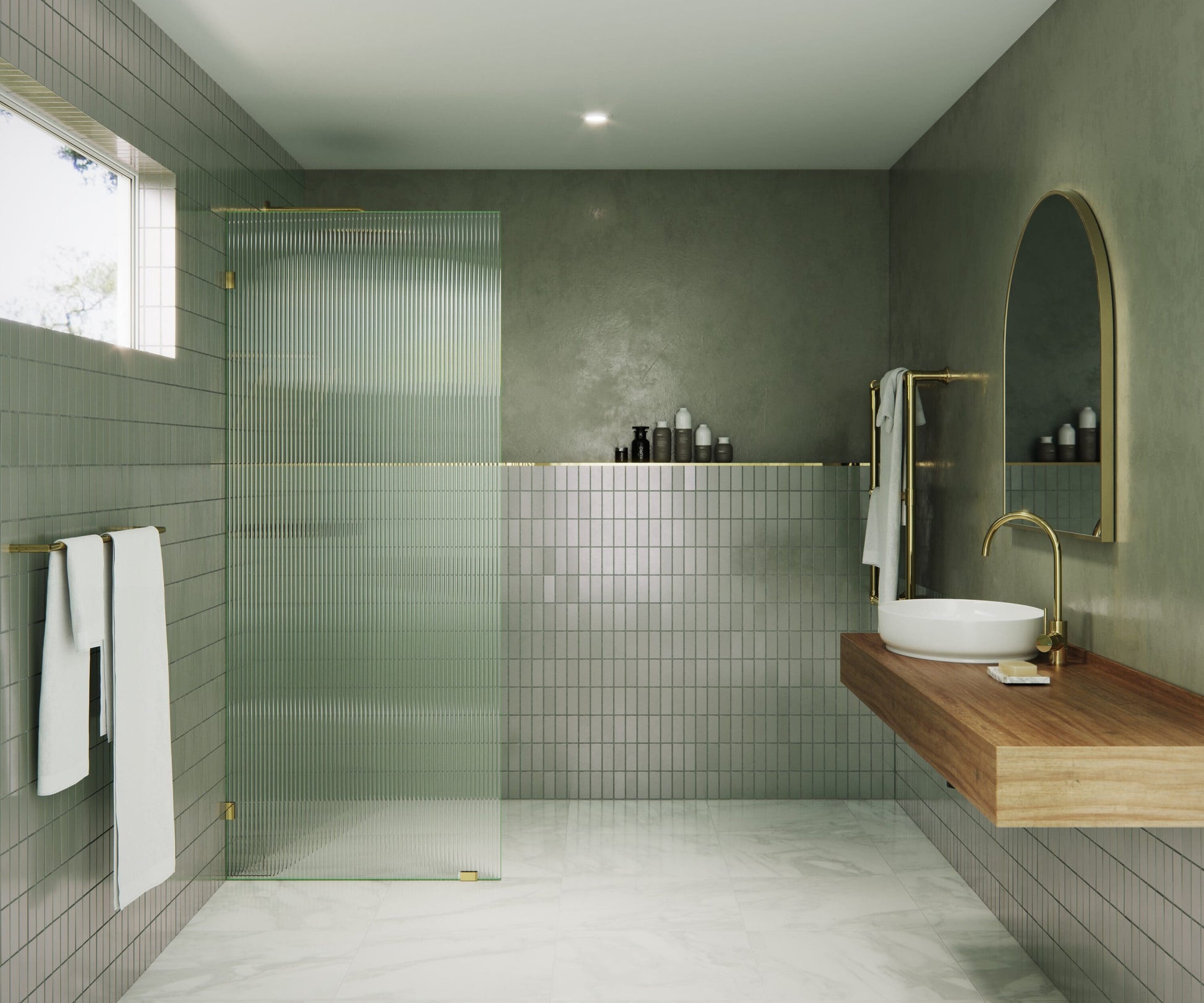 Glass Warehouse Gaia Polished Brass 32-in W x 78-in H Frameless Tempered Glass Fixed Shower door