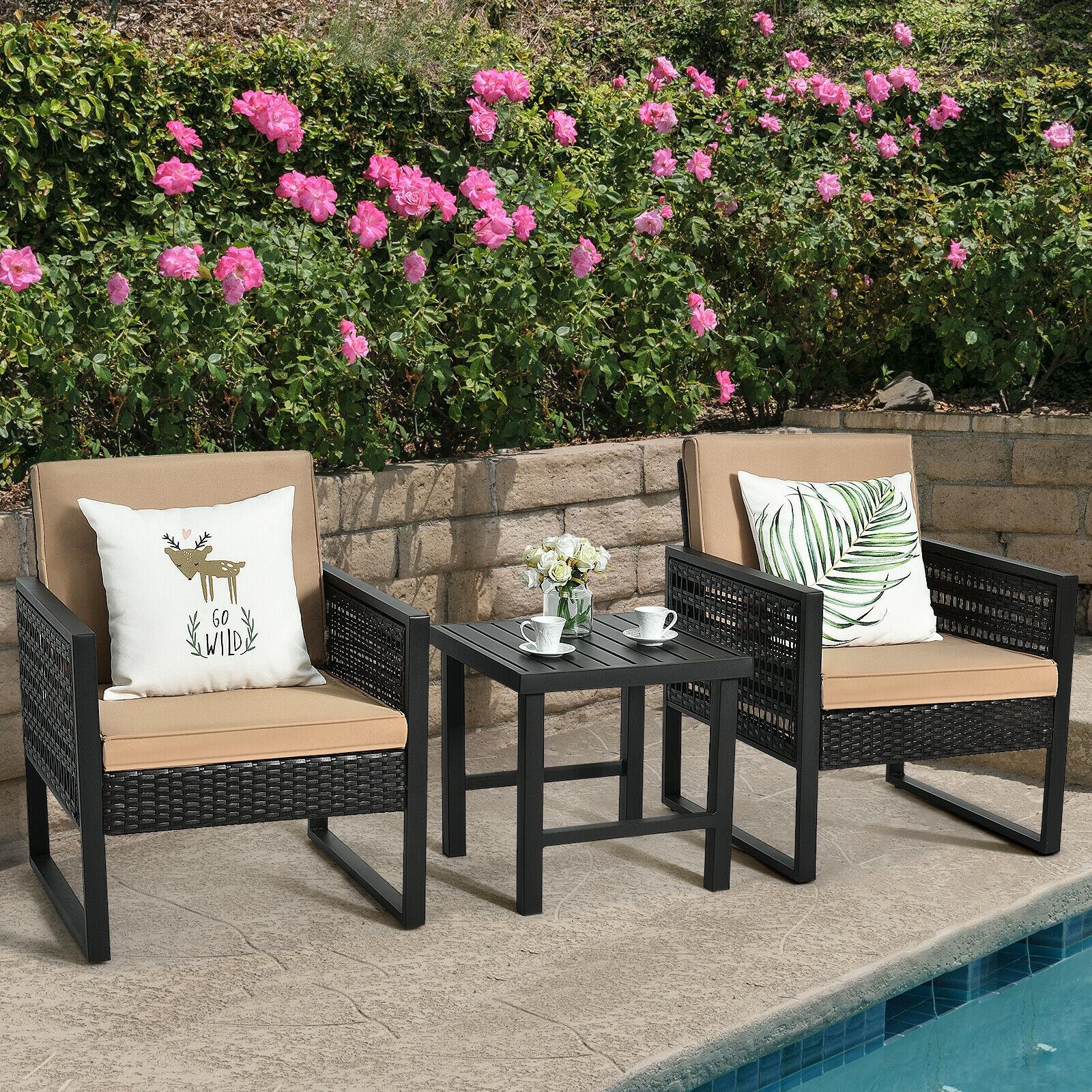 Clihome Patio Furniture Set 3 -Piece Rattan Patio Conversation Set with Brown polyester Cushions